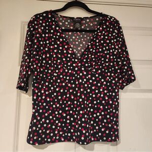 George stretchy black, red, and white polka dot blouse